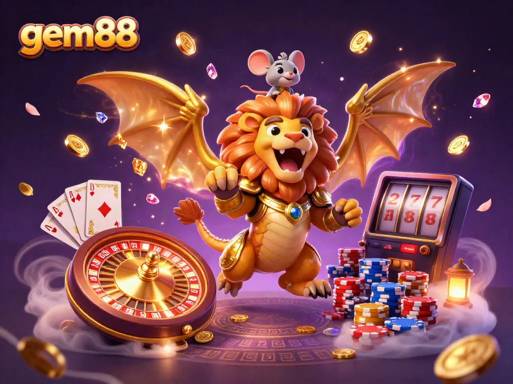 Watch the triumphant chimera and mouse jockey at gem88 celebrating a gaming victory with cascading gold and gems.