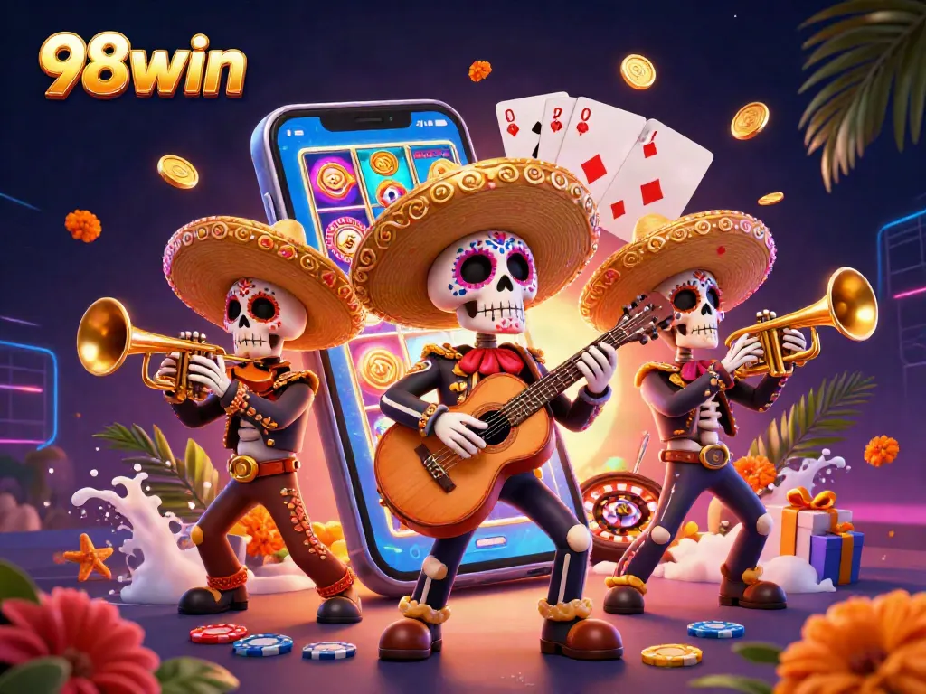 Experience thrilling gameplay with 98win characters enjoying vibrant slot games and casino elements.