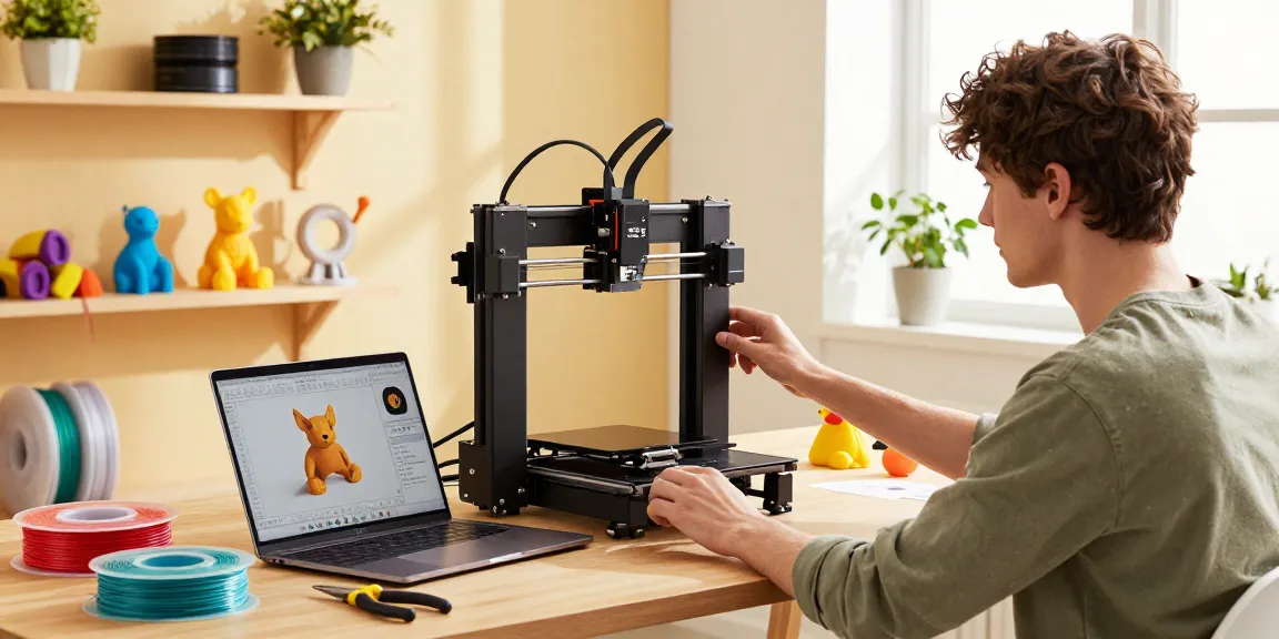 The SPARKX i7 3D printer setup in a home workshop, perfect for the Best beginner 3D printer experience, showcasing colorful filaments and 3D models.