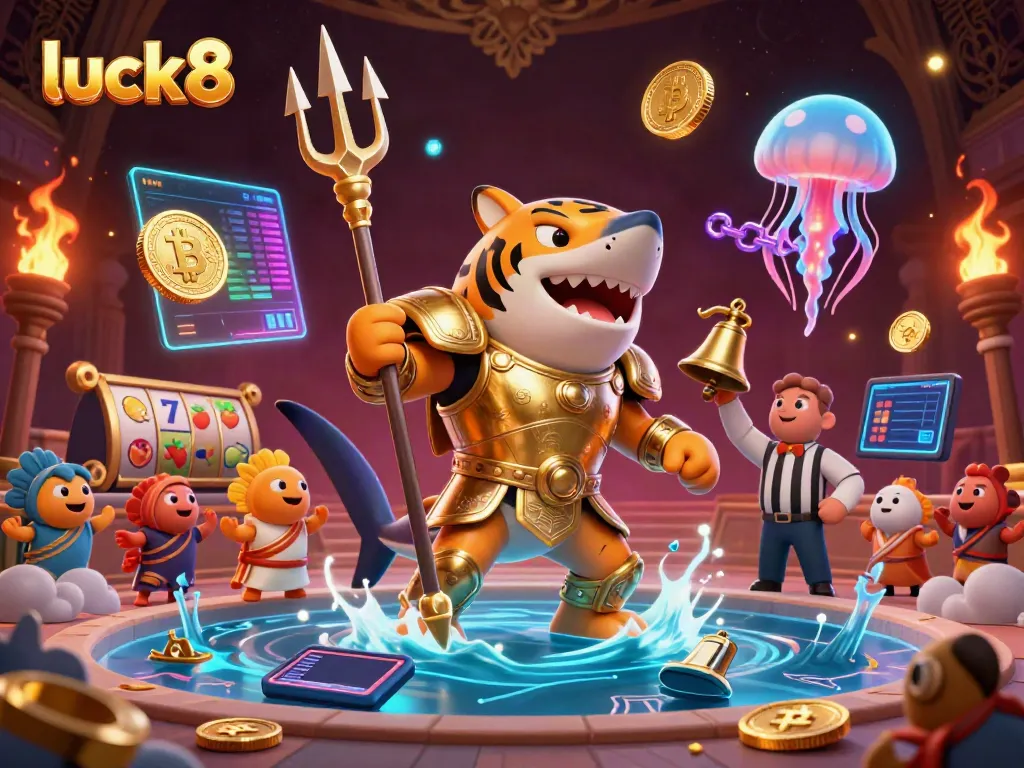 Spin to win with luck8 featuring a golden tiger shark and captivating casino elements.