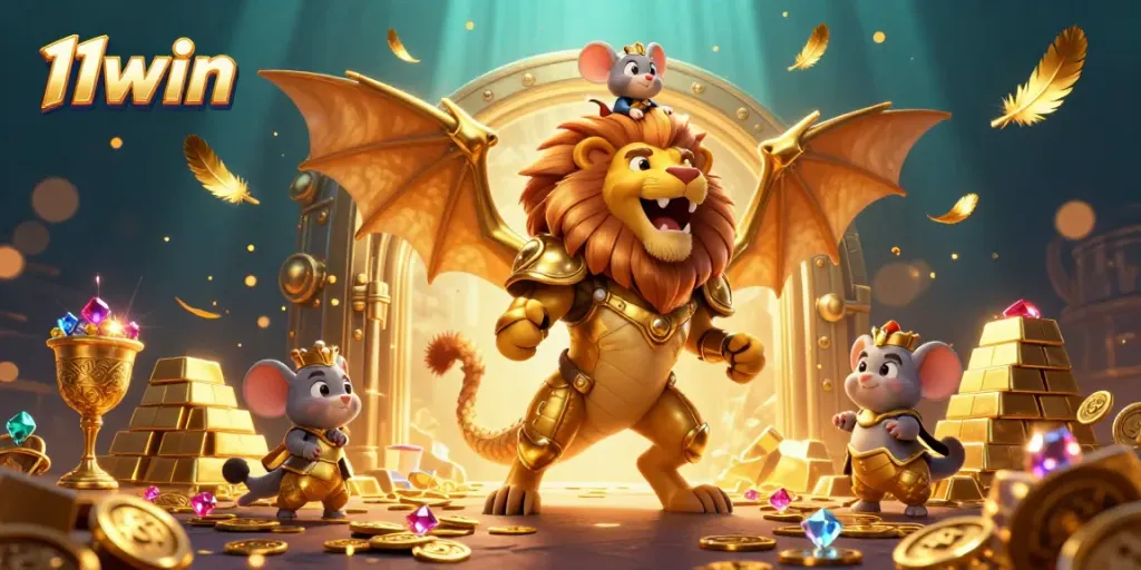 Experience the thrill of winning at 11win as a chimera creature guards treasures and jewels in a vibrant scene.