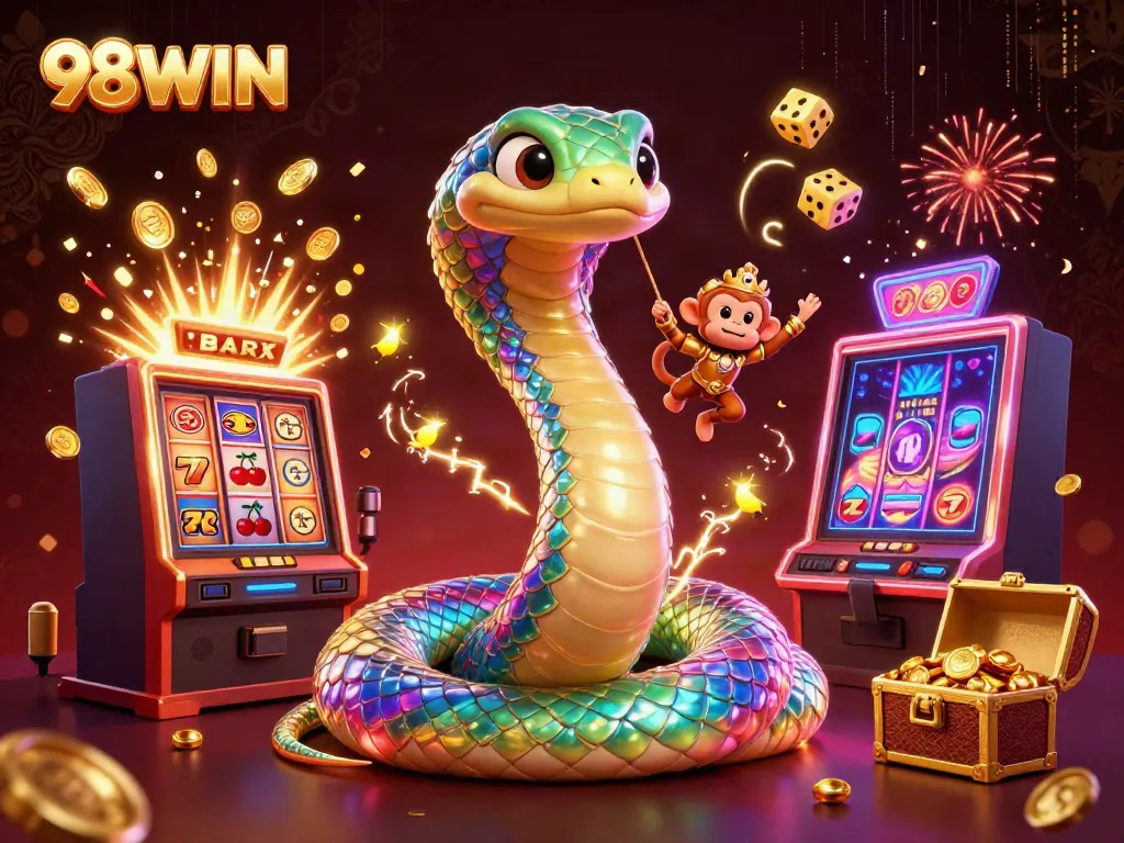 Engage in thrilling gameplay at 98WIN, with colorful casino elements, a magnificent jackpot scene, and vibrant character action.