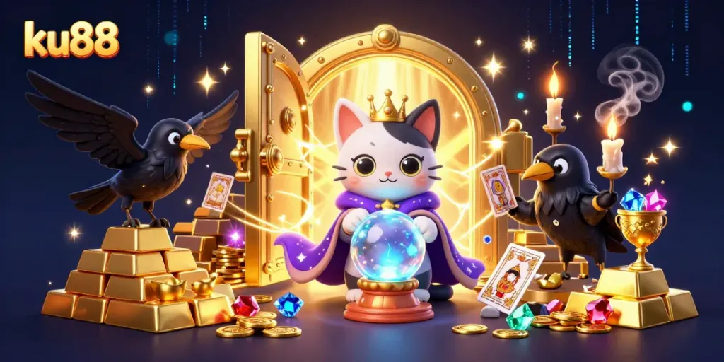 Engage with the mystical world of ku88 featuring a fortune teller cat and fortune-telling raven amidst treasures.