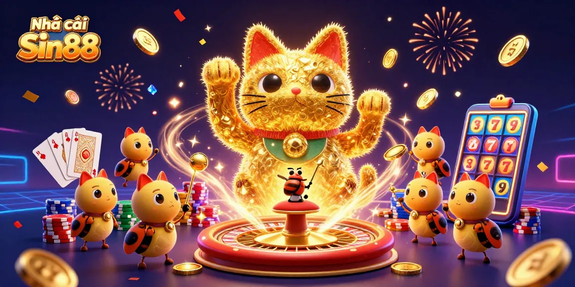 Experience the thrill of Nhà cái Sin88 with vibrant casino symbols and golden lucky cat illustration.