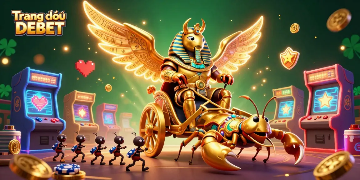 Engage with Trang chủ DEBET for an exciting 3D casino adventure featuring a golden scarab and vibrant gaming elements.