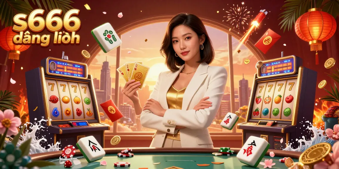 Engage with s666 đăng nhập at a glamorous virtual casino featuring slot machines, cards, and vibrant decorations.