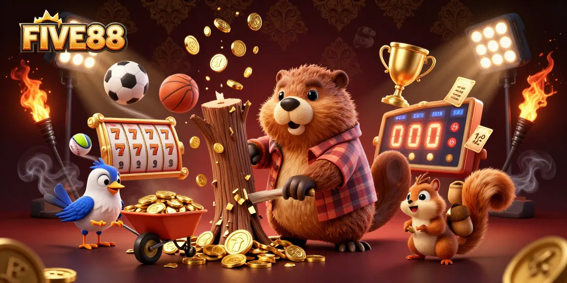 Engage with FIVE88 online casino where a beaver collects golden coins amidst vibrant gaming elements.