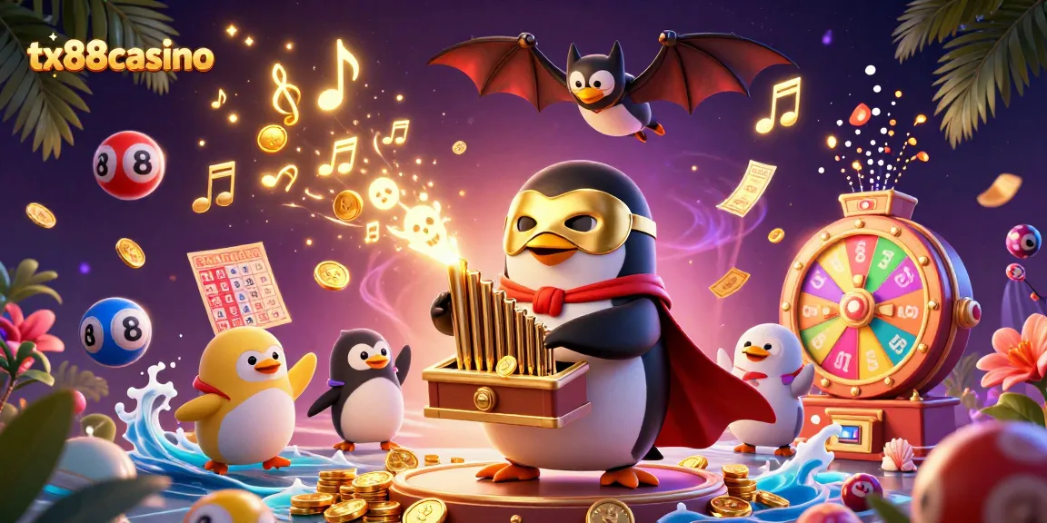 Engage in thrilling gameplay at tx88casino with a vibrant scene of a penguin organist, bat acrobat, and golden prizes.