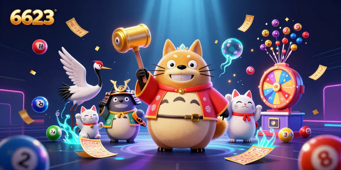 Experience thrilling wins with 6623, featuring vibrant characters and dynamic casino elements in a lively illustration.