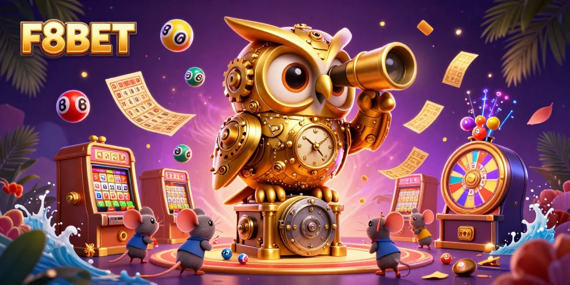 Experience the thrilling world of F8BET, where cartoon owls and vibrant lottery balls mingle on a busy casino floor.