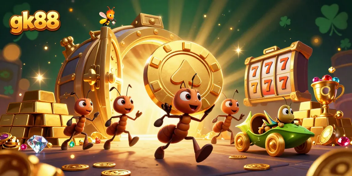 Join the gk88 adventure with ants heisting golden poker chips in a vibrant casino world.