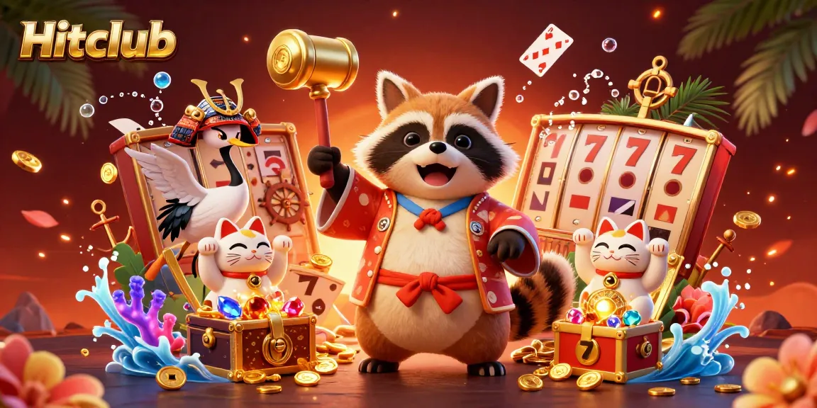Hitclub showcases a vibrant casino scene with a cheerful tanuki, lucky symbols, and slot reels for gaming enthusiasts.