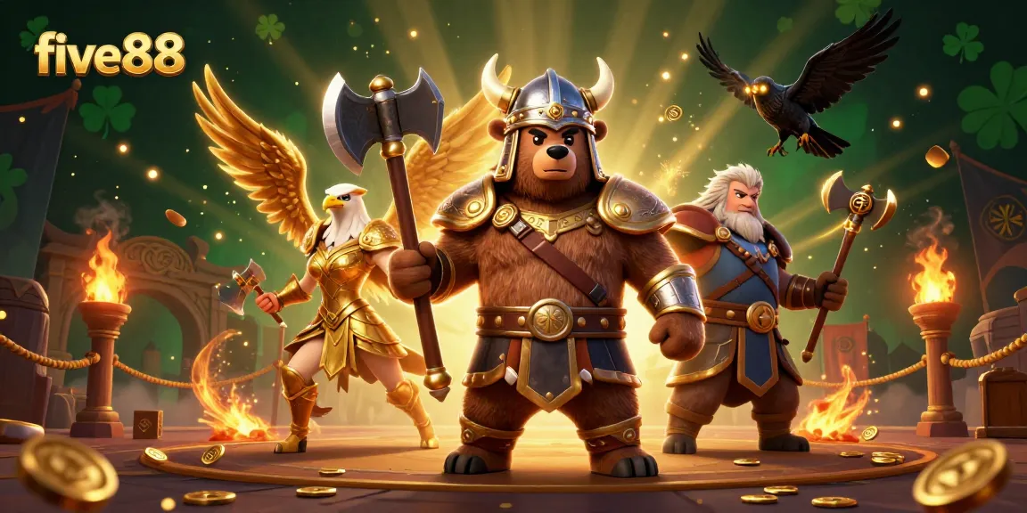 Experience the thrill of betting at five88 with this vibrant illustration of Viking characters and casino elements.