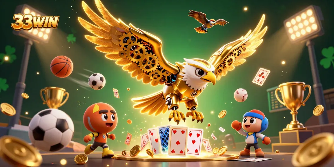 Experience thrilling gameplay with 33WIN featuring a cybernetic eagle amidst gaming elements.