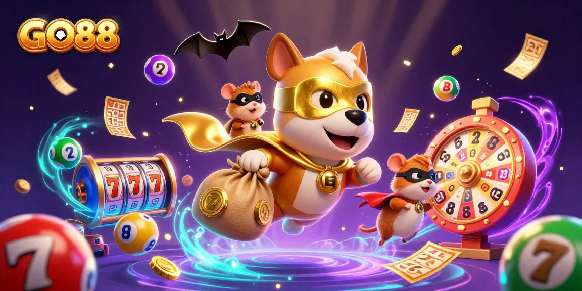 Experience the exciting GO88 casino world with a superhero dog flying above dynamic gaming elements.