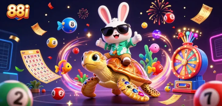 Win big with 88i as the lucky rabbit celebrates on a golden turtle amidst vibrant lottery excitement.