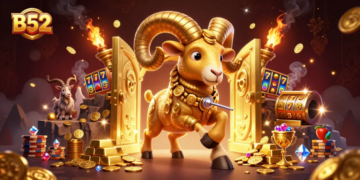 B52-themed golden ram charging through a casino with scattered jackpots and slot symbols.