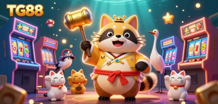 Play exciting games at TG88 with a cheerful tanuki and maneki-neko in a vibrant casino scene.