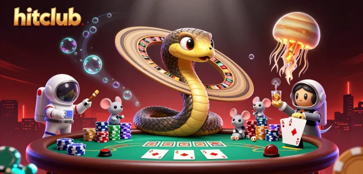 Experience thrilling bets at hitclub with a vibrant cosmic casino scene featuring playful astronaut mice and dynamic gaming elements.