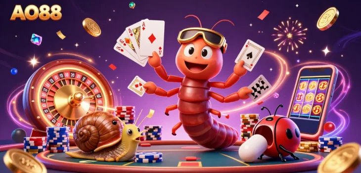 Experience the thrill of AO88 with a vibrant casino scene featuring a millipede dealer and high-roller snail.