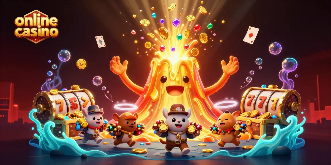 Experience the excitement of an online casino with a treasure-filled scene of vibrant characters and games.