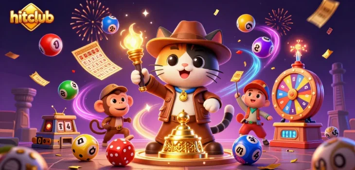 hitclub showcases a cartoon cat archaeologist discovering casino treasures amid colorful lottery elements.
