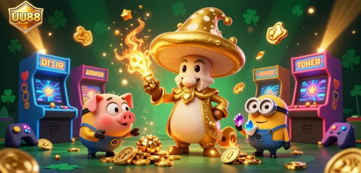 Experience the excitement of UU88 with a golden wizard casting spells in a vibrant casino scene filled with game elements.