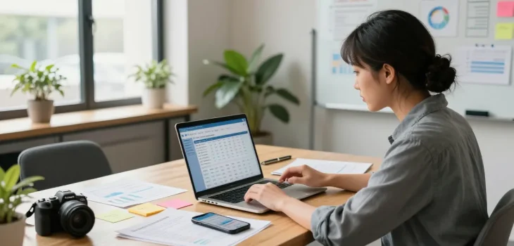 Accounting software for small business owner using a laptop in a modern workspace filled with financial documents and plans.