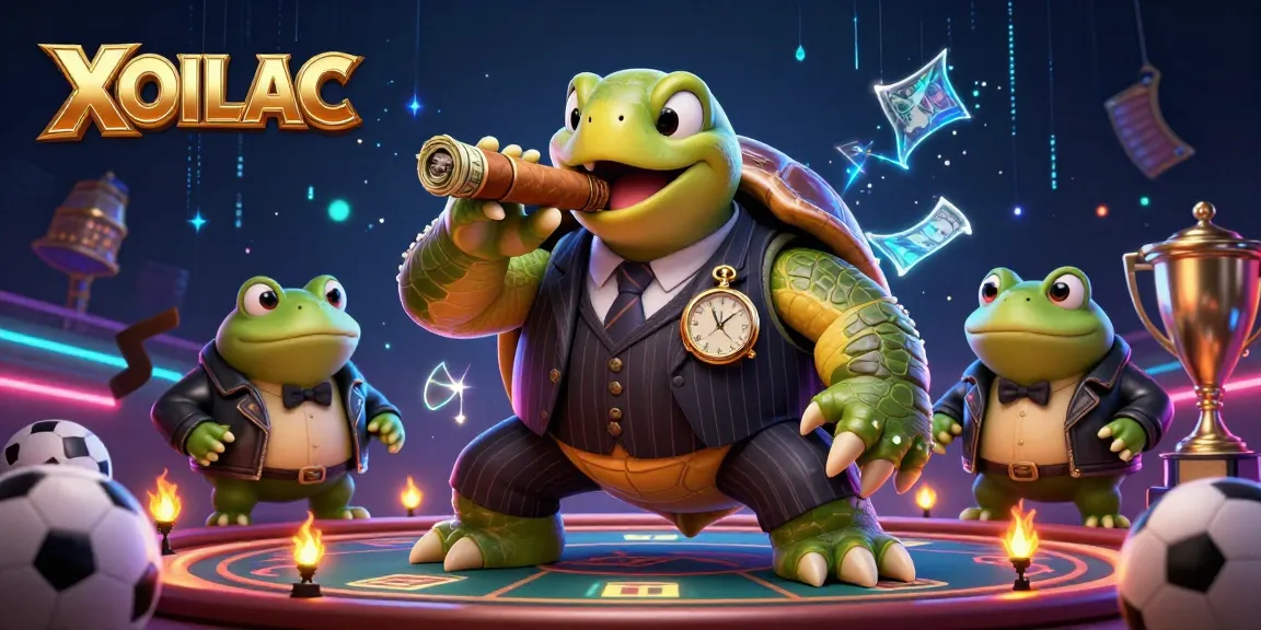 Bet on sports with XOILAC as a snapping turtle and bullfrog enforcers surround vibrant gaming elements.