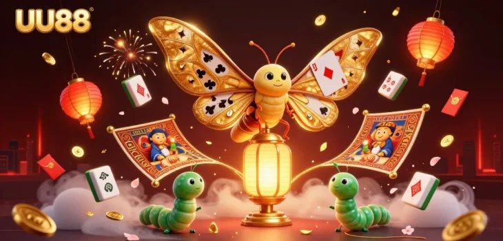 Engage with the vibrant UU88 gaming universe featuring a golden atlas moth, casino treasures, and glowing elements.