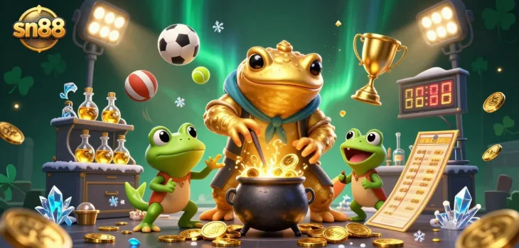 Experience sn88's magical transformation with golden salamanders and sports elements in a vibrant 3D scene.
