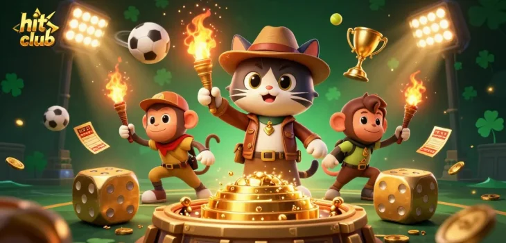 Hitclub sports betting scene showcasing an explorer cat discovering casino treasures surrounded by dynamic game elements.