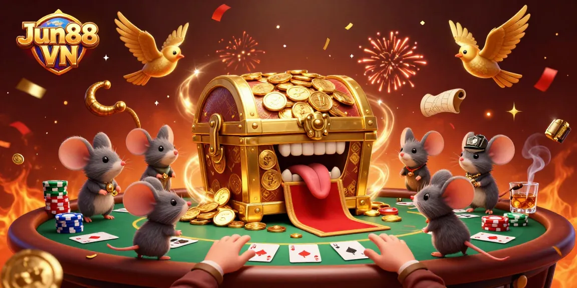 Experience thrilling moments with Jun88 VN at a vibrant casino scene filled with poker chips and treasure chests.