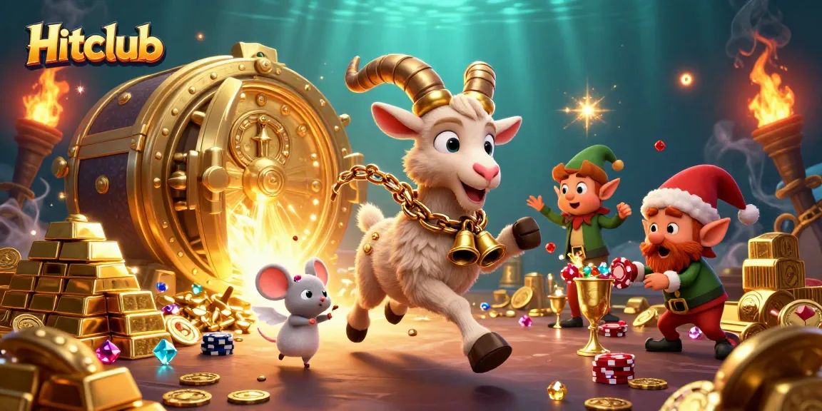 Hitclub engages in thrilling casino gameplay with 3D characters amidst gold treasures and vibrant gaming elements.