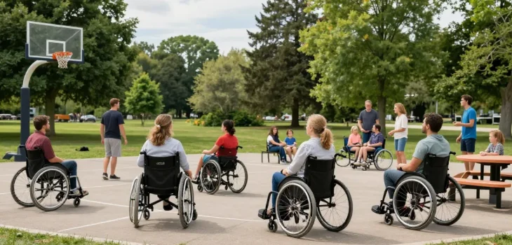 Individuals using wheelchairs in a vibrant park setting, showcasing mobility device diversity and community engagement.