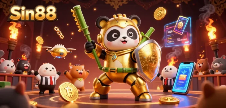 Experience Sin88's thrilling gaming scene with a golden panda robot and crypto elements.