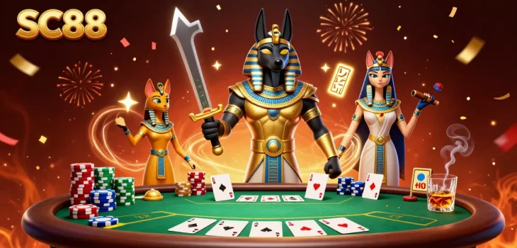 Experience SC88 excitement with ancient Egyptian warriors and poker elements in a vibrant casino scene.