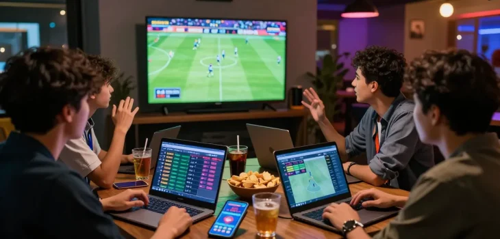 Teman berkumpul menonton judi bola sambil memasang taruhan di perangkat mobile.