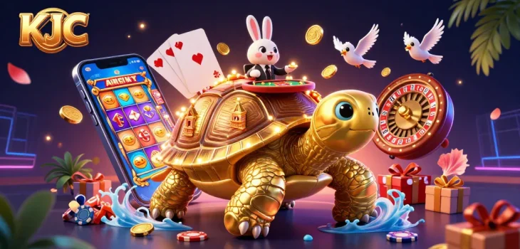 KJC showcases a vibrant casino scene with a golden tortoise and rabbit dealer amidst colorful slot games.