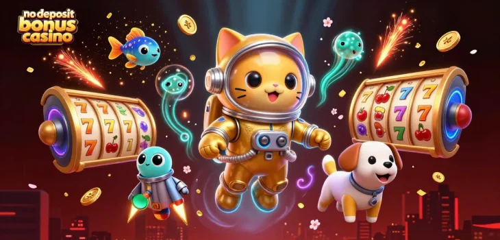 Engage with the thrilling no deposit bonus casino experience, featuring cartoon characters and dynamic casino elements.
