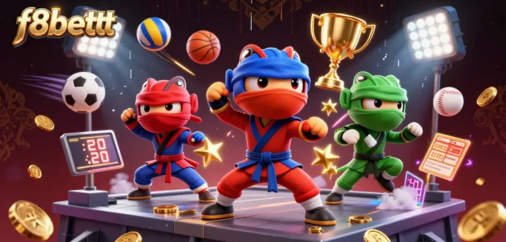 Experience thrilling action with f8bettt as ninja chameleons engage in martial arts poses, set against dynamic sports elements.