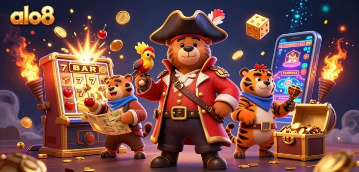 Experience thrilling gaming action at alo8 as pirate characters celebrate big wins amidst a jackpot of coins.