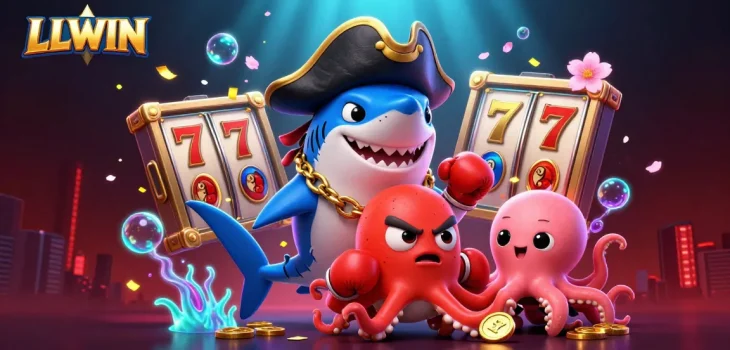 Win big with LLWIN's exciting slots and dynamic 3D characters celebrating in a vibrant casino scene.