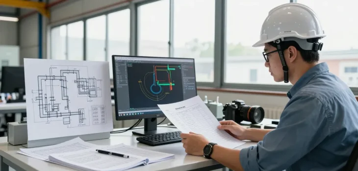 Piping Stress Analysis USA performed by a professional engineer reviewing 3D models and reports in an industrial workspace.
