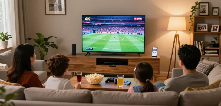 Family enjoying IPTV Canada sports content in a cozy living room