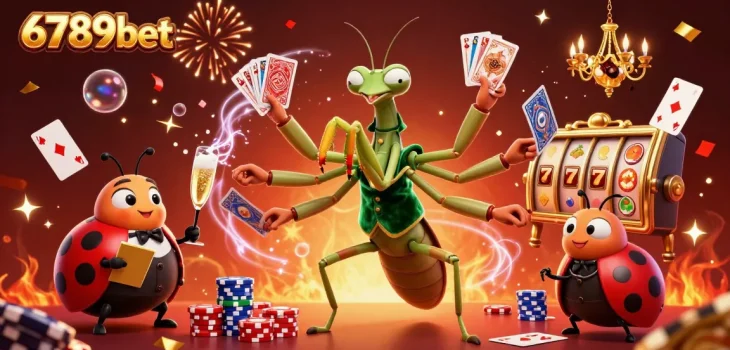 Engage in exciting gameplay with 6789bet in a vibrant casino scene filled with slot reels and festive confetti.